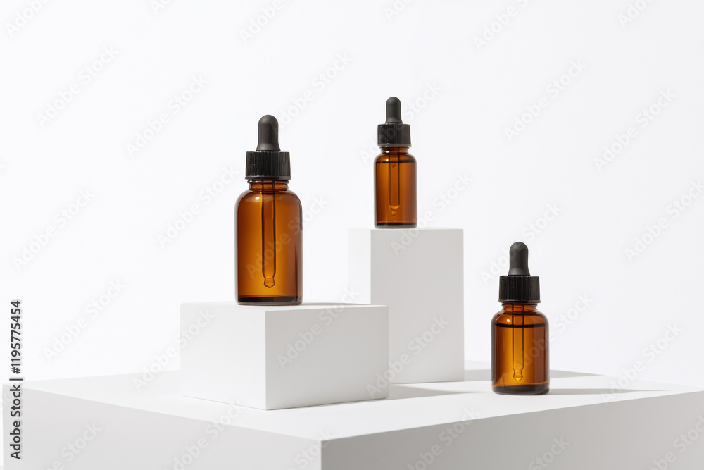 Elegant amber dropper bottles displayed on simple white pedestals Elegant amber dropper bottles displayed on simple white pedestals