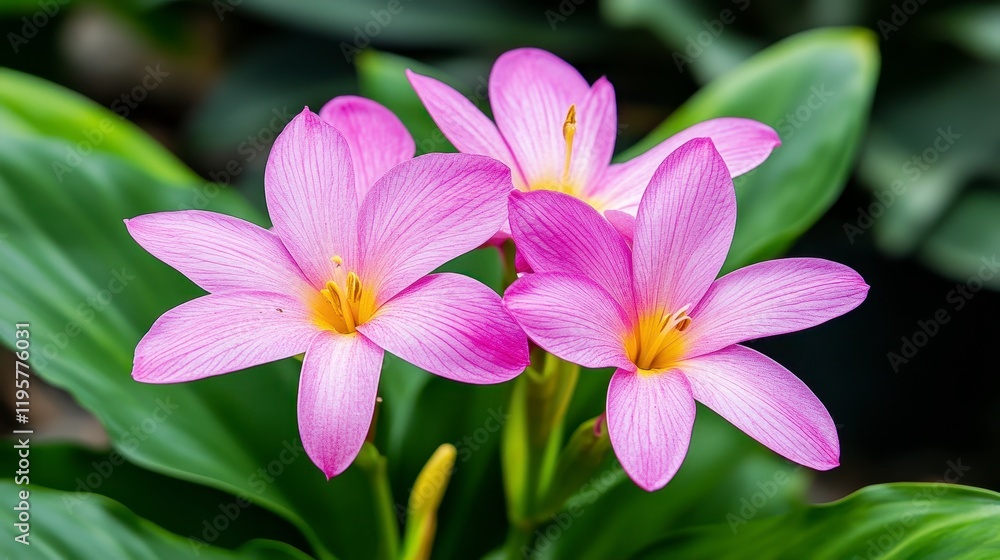 Fototapeta premium Delicate Pink Flowers with Vibrant Yellow Centers Amidst Lush Green Leaves
