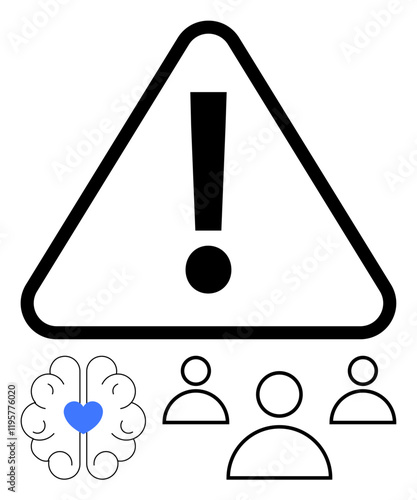 Triangle caution icon with exclamation mark, brain with a heart symbol, and people icons. Ideal for emotional intelligence, mental health, collaboration, teamwork, alertness, human-centered design