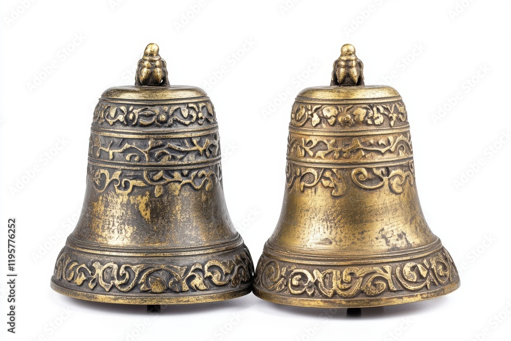 Two Antique Brass Bells with Ornate Detail Two Antique Brass Bells with Ornate Detail