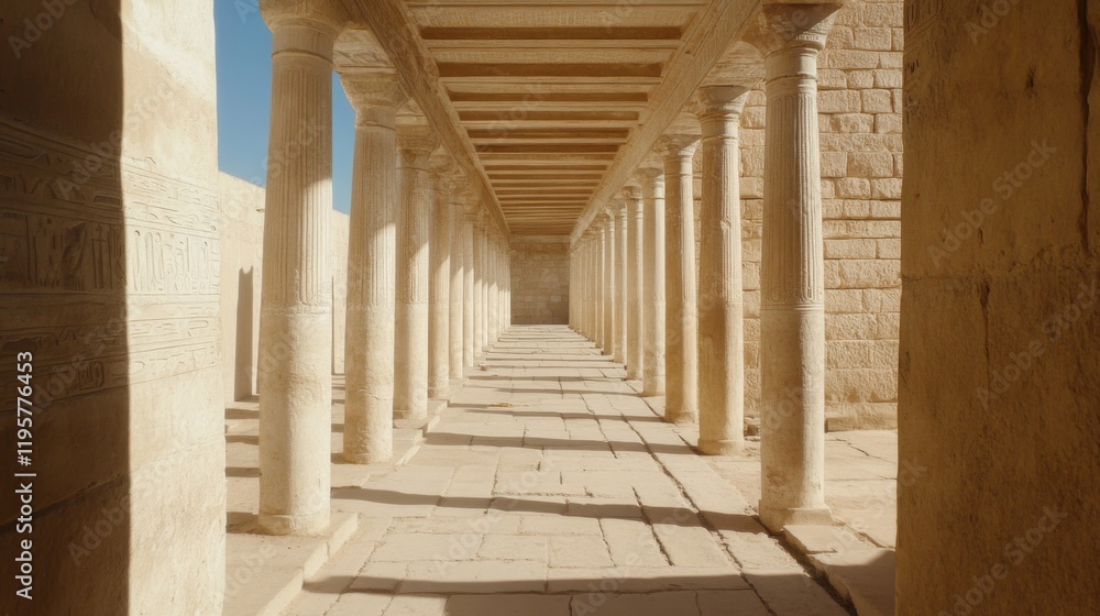Obraz premium Sunlit colonnade in ancient ruins, long perspective, stone columns and walls.