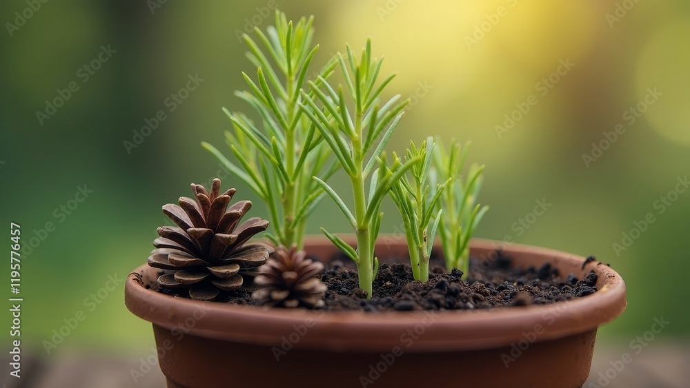 Two pine cones with newly sprouted conifer seedlings in small terracotta pot, eye level shot Two pine cones with newly sprouted conifer seedlings in small terracotta pot, eye level shot