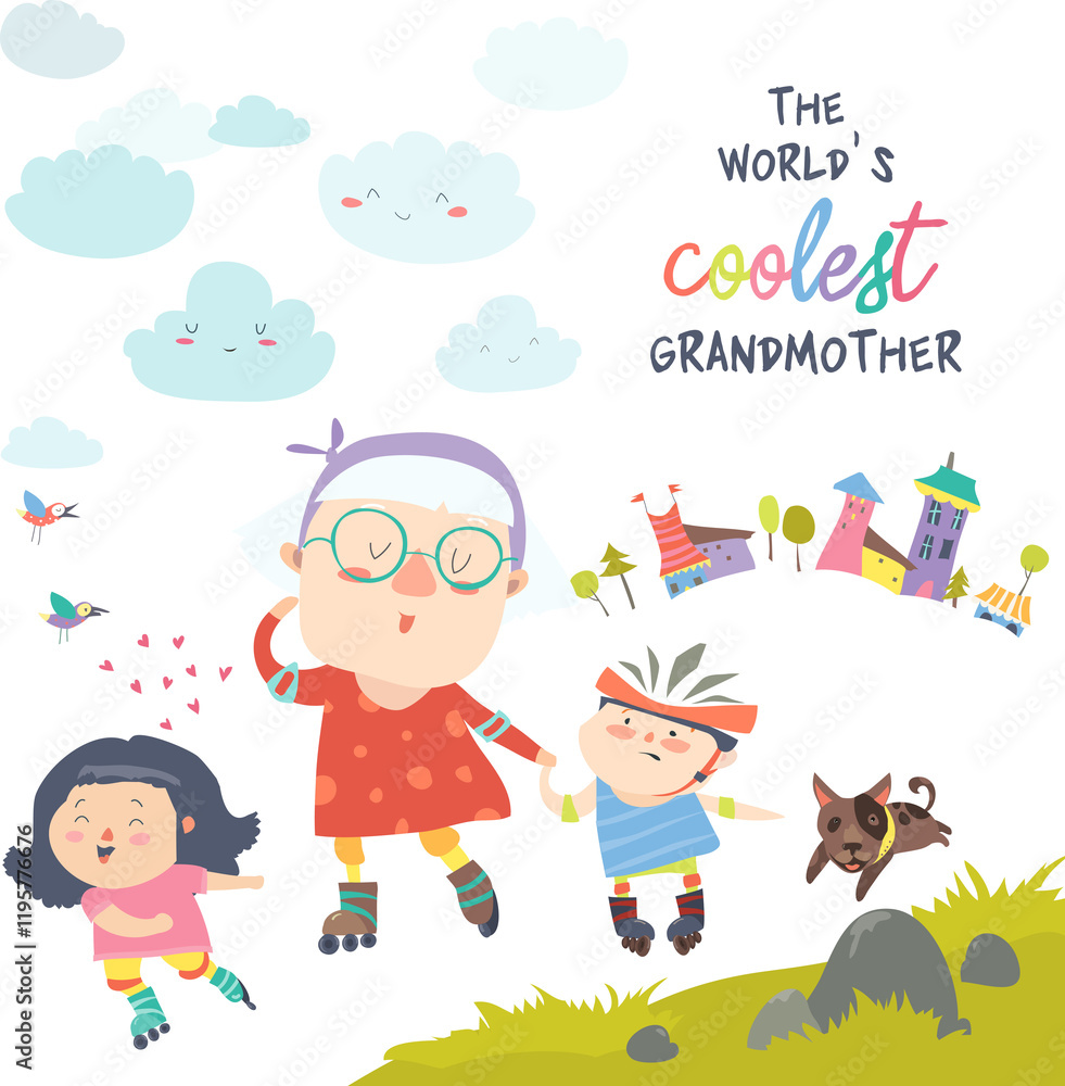 Grandmother with her happy grandchildren skate on rollers. Vector ilustration Grandmother with her happy grandchildren skate on rollers. Vector ilustration