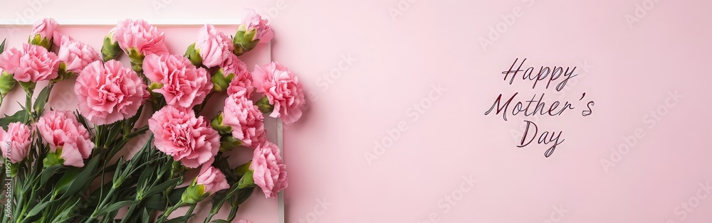A beautiful flat lay of pink carnations arranged within a white frame on a soft pink background, accompanied by A beautiful flat lay of pink carnations arranged within a white frame on a soft pink background, accompanied by