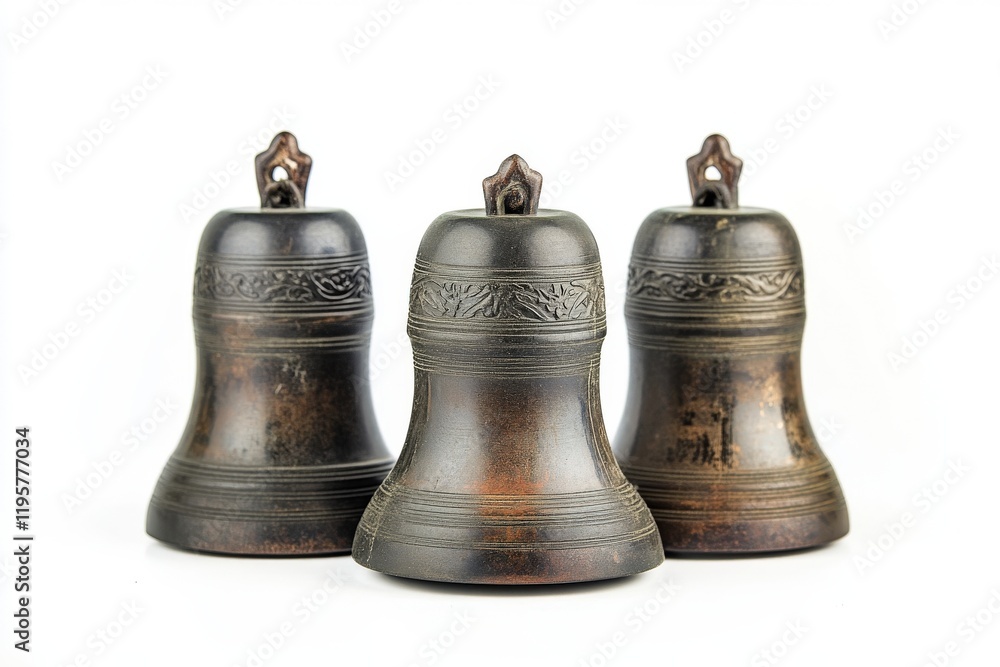 Three Antique Bells with Carvings