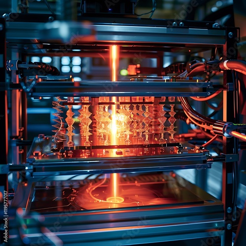 A highpowered laser precisely processes a semiconductor wafer within a sophisticated automated system. The bright orange laser beam is clearly visible, indicating intense heat and precision. photo