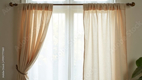 Elegant linen curtain with a gentle breeze effect, enhancing natural light in the living space photo