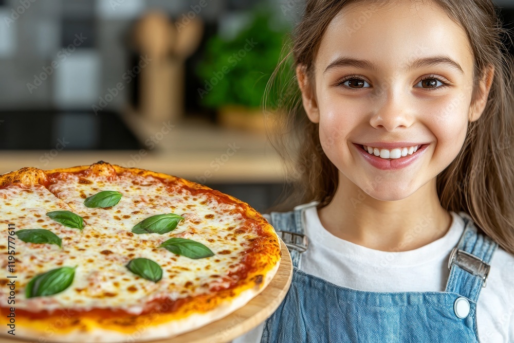 Happy Girl Holding Freshly Baked Pizza with Basil Leaves in Kitchen Happy Girl Holding Freshly Baked Pizza with Basil Leaves in Kitchen