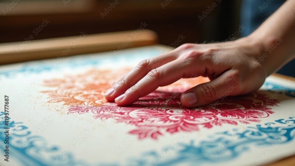 Hand Pressing a Colorful Fabric Printing Block with Unpressed Areas and Copyspace Hand Pressing a Colorful Fabric Printing Block with Unpressed Areas and Copyspace