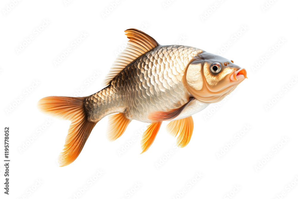 Closeup of fresh common carp fish with detailed scales and fins, isolated on white transparent background, concept of aquatic life Closeup of fresh common carp fish with detailed scales and fins, isolated on white transparent background, concept of aquatic life