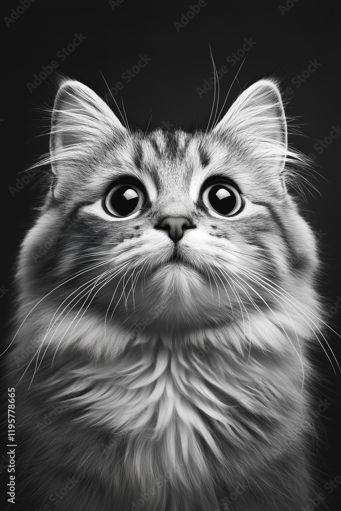 Stunning black and white portrait of a fluffy cat with large, curious eyes
Stunning black and white portrait of a fluffy cat with large, curious eyes