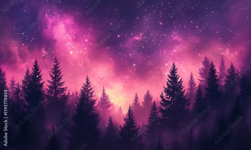 Cosmic Violet and Pink Skies Above a Dark Forest, HD Phone Wallpaper Cosmic Violet and Pink Skies Above a Dark Forest, HD Phone Wallpaper