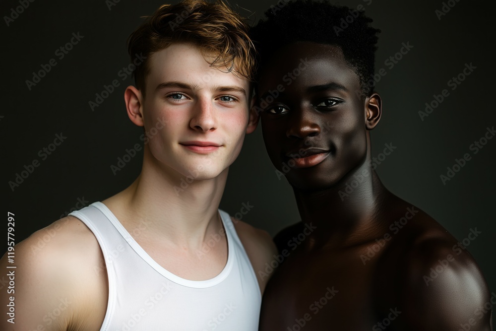 Obraz premium Color studio shot of a gay couple laughing affectionately.