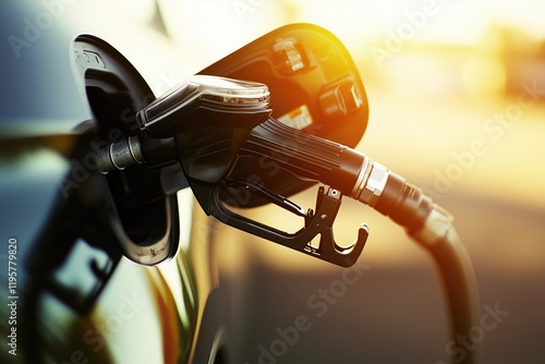 Fuel Pump Nozzle Filling Car at Gas Station. Ideal for energy, transportation, and automotive themes. photo