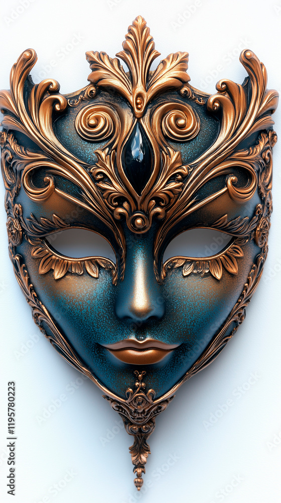 Intricately designed carnival mask with a metallic bronze finish and sculpted ornamental details, isolated on white background Intricately designed carnival mask with a metallic bronze finish and sculpted ornamental details, isolated on white background
