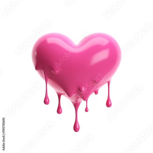 3D pink glossy heart with dripping and melting liquid effect, molten plastic. Isolated vector on white background. Ideal for Valentine's Day, love, wedding, and romantic designs 