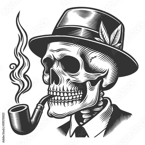 skeleton dressed in suit and bow tie, smoking a pipe, combining vintage elegance with a macabre twist sketch engraving generative ai vector illustration. Scratch board imitation. Black and white image