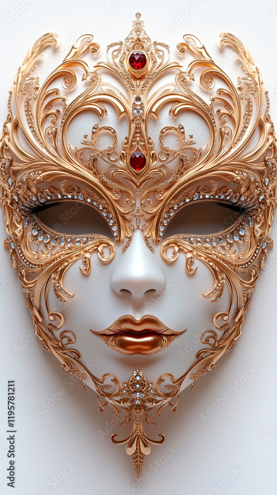 Elegant gold carnival mask with intricate detailing and shimmering rhinestones, isolated on white background.
Elegant gold carnival mask with intricate detailing and shimmering rhinestones, isolated on white background.