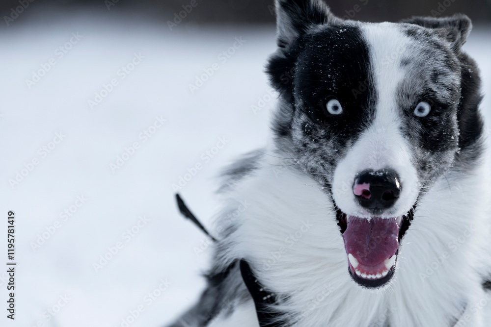 dziwny portret border collie blue merle zima śnieg