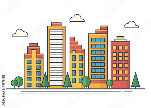 High rise city building or skyscraper with trees and cloud. Urban landscape, real estate, architecture, downtown, urban, residential, office. Flat style vector illustration
