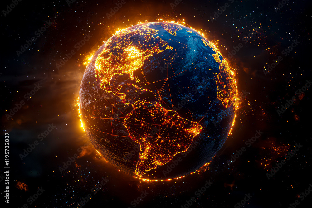 Obraz premium Global Connectivity Illuminated Earth in Futuristic Digital Illustration