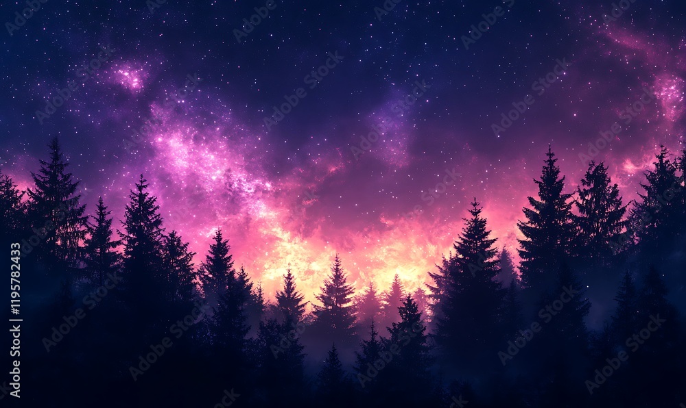 Fototapeta premium Pink and Violet Starry Sky Over a Forest Silhouette, High-Definition Phone Wallpaper