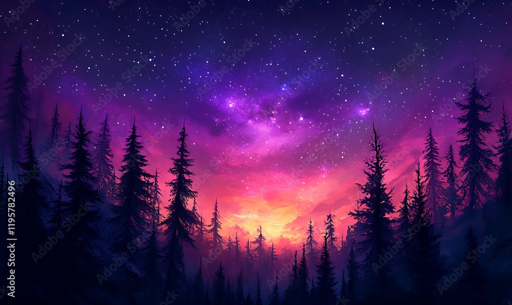Pink and Violet Starry Sky Over a Forest Silhouette, High-Definition Phone Wallpaper Pink and Violet Starry Sky Over a Forest Silhouette, High-Definition Phone Wallpaper
