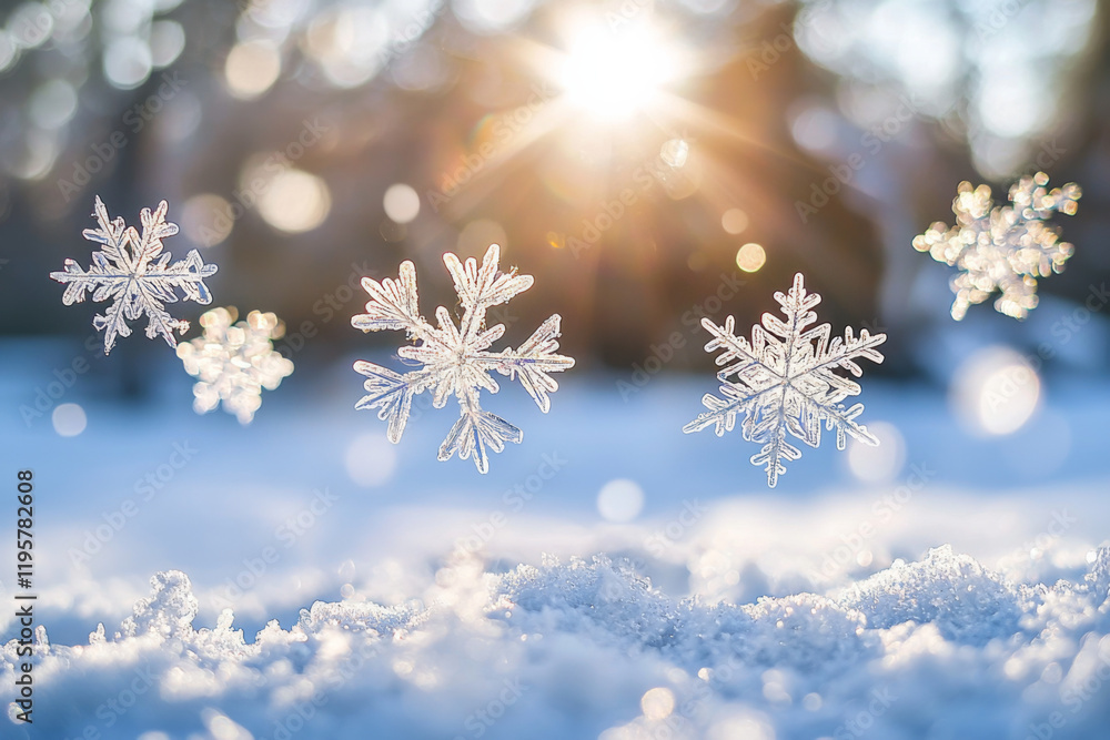 Snowflakes gently falling on a bright winter day with sunlight shining Snowflakes gently falling on a bright winter day with sunlight shining