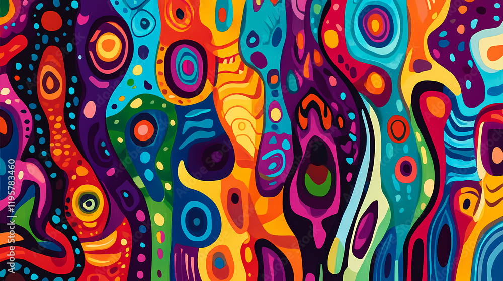 A playful abstract texture with bright colors and whimsical patterns, ideal for creating fun and lively wall decor that brightens any room. Brightfern. Illustration A playful abstract texture with bright colors and whimsical patterns, ideal for creating fun and lively wall decor that brightens any room. Brightfern. Illustration