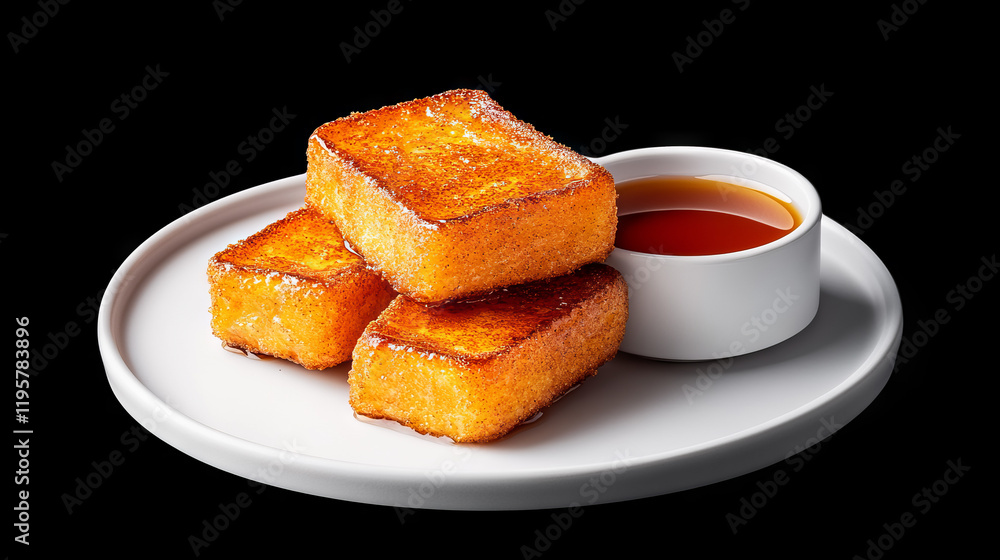 Stack of golden French toast bites served with a side of maple syrup on a white plate. Minimalistic presentation on a black background. Gourmet breakfast concept for food design and print. Stack of golden French toast bites served with a side of maple syrup on a white plate. Minimalistic presentation on a black background. Gourmet breakfast concept for food design and print.