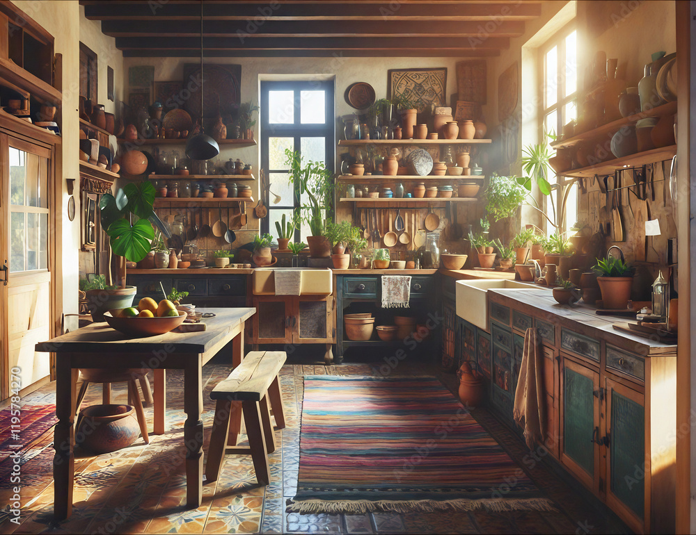 Bohemian, boho style kitchen, furnishings, home interior Bohemian, boho style kitchen, furnishings, home interior