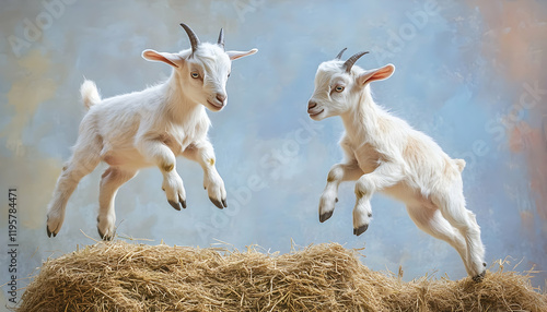 Playful baby goats climbing and jumping on hay