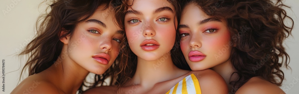 A close-up beauty shot of three diverse women with radiant complexions, highlighting unity, diversity, and empowerment in a natural summer aesthetic. A close-up beauty shot of three diverse women with radiant complexions, highlighting unity, diversity, and empowerment in a natural summer aesthetic.