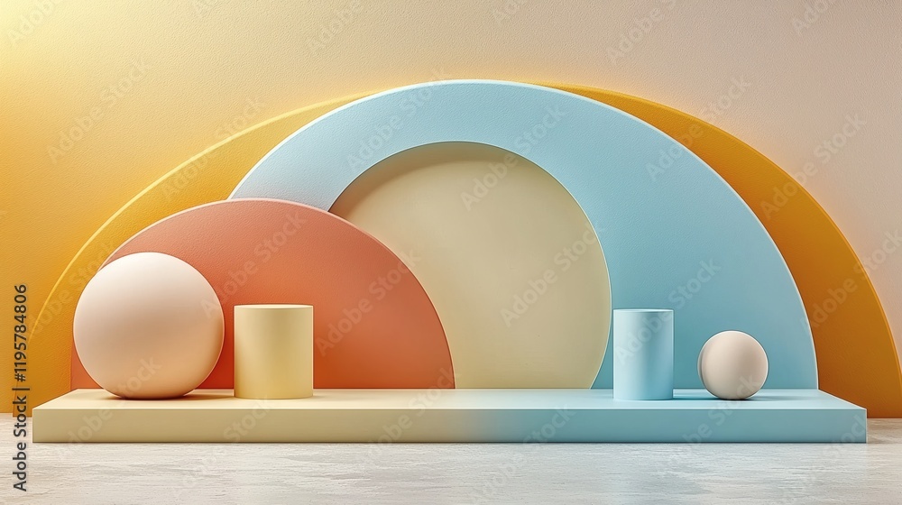 Fototapeta premium Abstract Pastel Shapes: A minimalist and modern composition featuring soft pastel-colored geometric shapes with an arched motif against a neutral background.