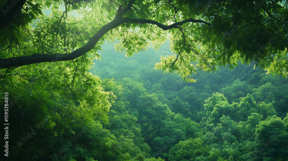 Obraz premium Lush green forest canopy overlooking vibrant foliage at sunrise