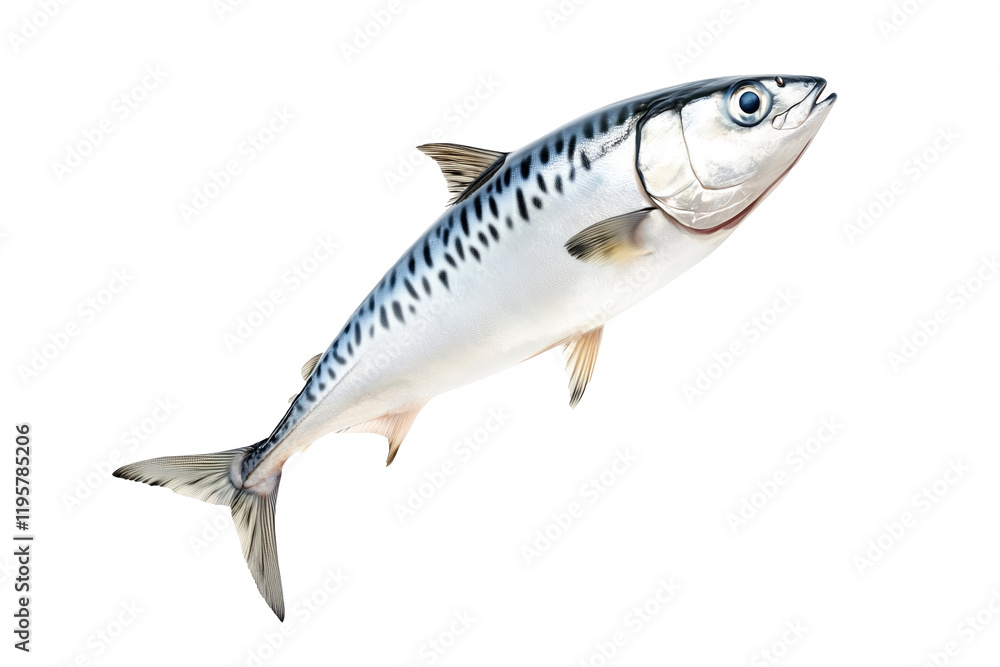 Fresh mackerel fish with detailed scales and fins isolated on white transparent background. Concept of seafood and marine life Fresh mackerel fish with detailed scales and fins isolated on white transparent background. Concept of seafood and marine life
