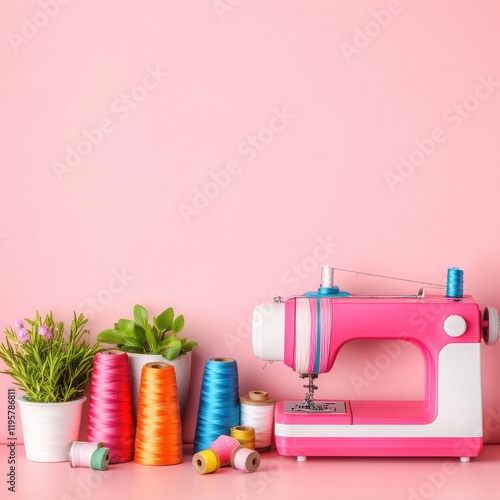 A vibrant sewing machine next to colorful threads and potted plants on a bright pink background, perfect for sewing enthusiasts. photo