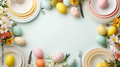 A vibrant Easter table setting adorned with colorful eggs and fresh flowers, creating a festive and inviting atmosphere.