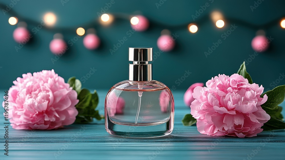 A bottle of perfume is on a table next to some pink flowers. The bottle is clear and has a silver cap. The flowers are pink and are arranged in a vase. Scene is elegant and feminine A bottle of perfume is on a table next to some pink flowers. The bottle is clear and has a silver cap. The flowers are pink and are arranged in a vase. Scene is elegant and feminine
