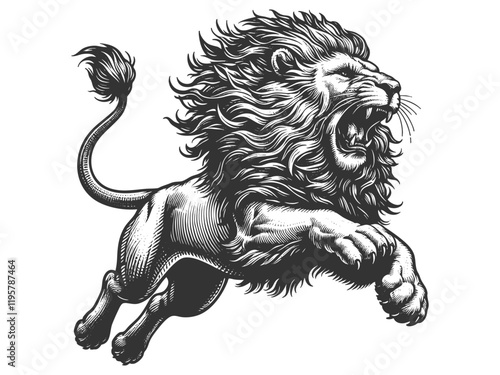 lion in a powerful pouncing position, with a flowing mane, drawn in an engraving style sketch engraving generative ai vector illustration. Scratch board imitation. Black and white image.