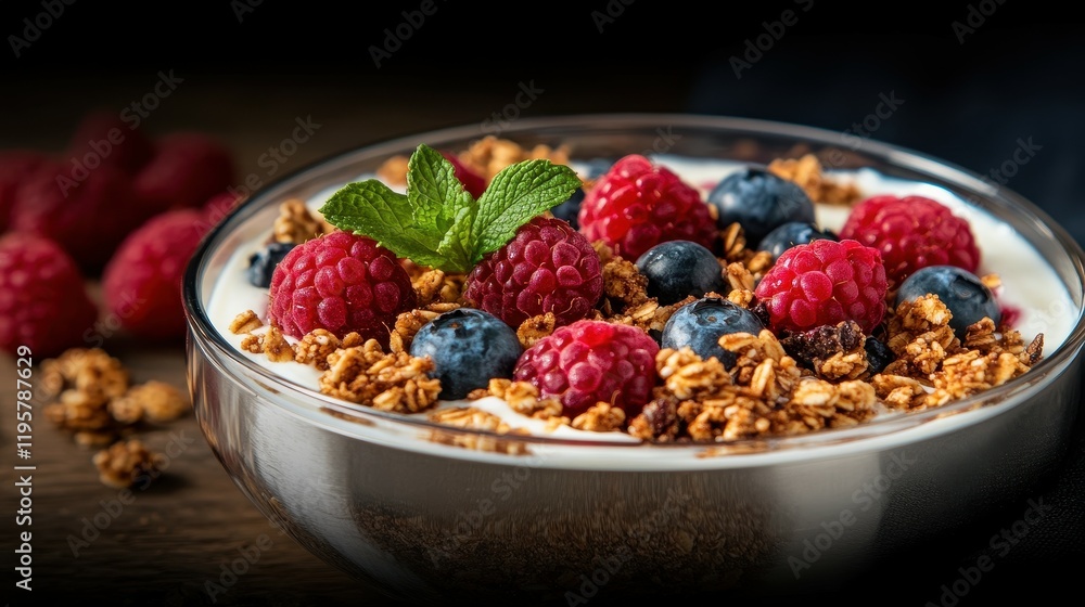 A bowl of cereal with blueberries and raspberries. The bowl is full of cereal and berries A bowl of cereal with blueberries and raspberries. The bowl is full of cereal and berries