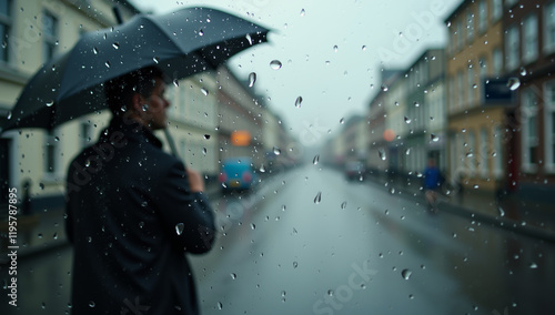 Raindrop-Covered window with blurry background featuring man with umbrella and urban view - Generative AI