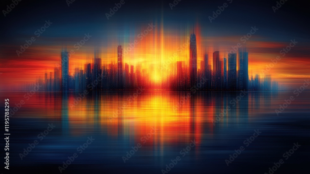 A city skyline is reflected in the water, with the sun setting in the background. The colors of the sky and water create a serene and peaceful atmosphere A city skyline is reflected in the water, with the sun setting in the background. The colors of the sky and water create a serene and peaceful atmosphere