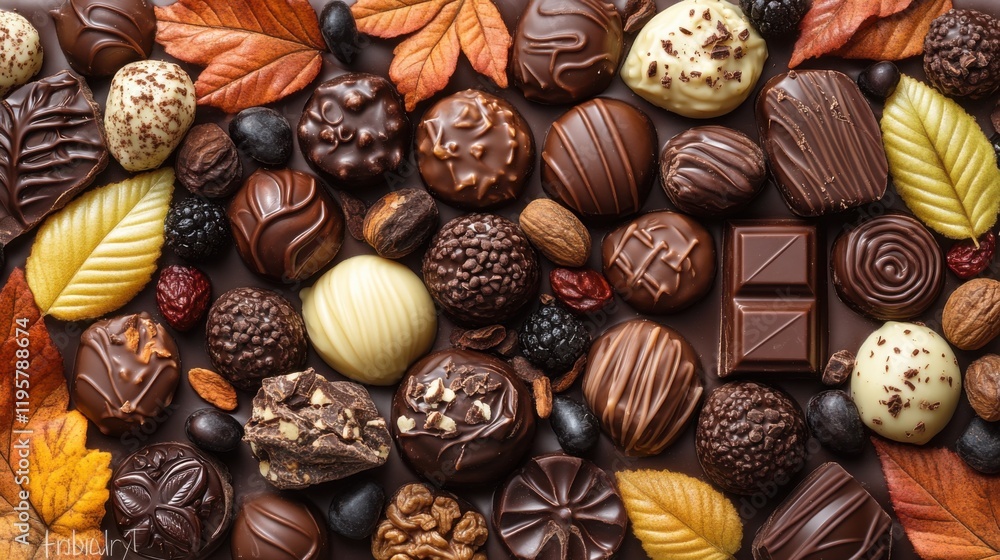 Assorted Chocolate Confections Laid Out on a Rustic Wooden Surface Surrounded by Autumn Leaves and Nuts, Perfect for Fall-Themed Food and Dessert Imagery Assorted Chocolate Confections Laid Out on a Rustic Wooden Surface Surrounded by Autumn Leaves and Nuts, Perfect for Fall-Themed Food and Dessert Imagery