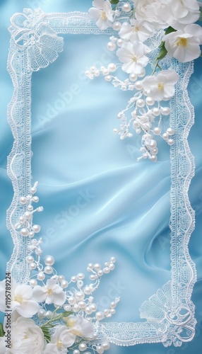 Elegant white flowers and pearls frame light blue silk background; wedding invitation design
