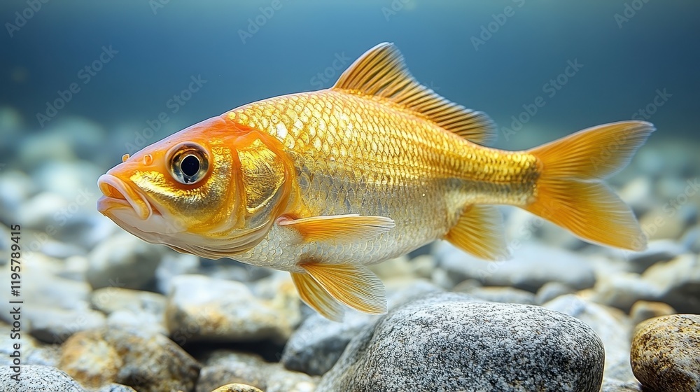 Naklejka premium A gold fish is swimming in a tank with rocks and gravel. The fish is the main focus of the image, and the rocks and gravel provide a natural background