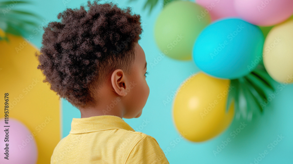 Obraz premium A young child in a yellow shirt looks at colorful balloons against a vibrant backdrop, creating a cheerful and festive atmosphere.