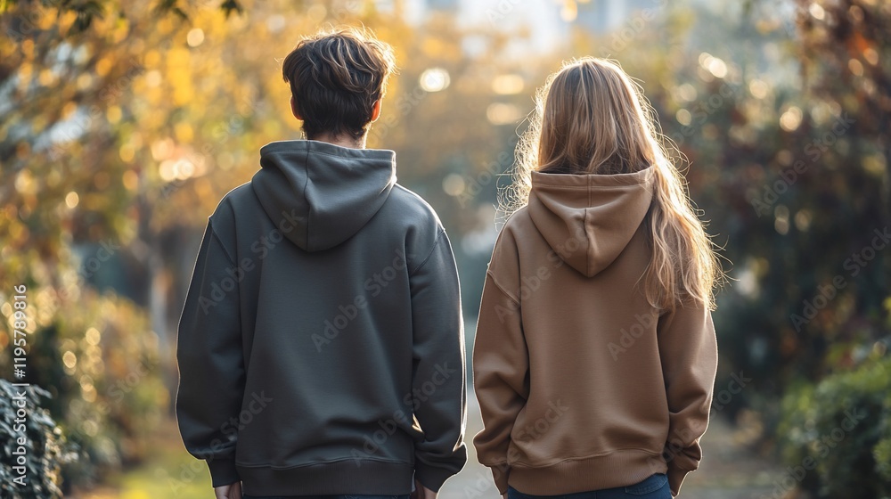 Autumnal park stroll, couple in hoodies, golden light