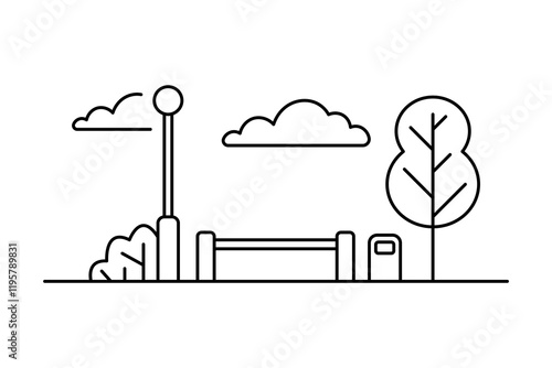 Bench, lamppost and urn icon. Black outline linear silhouette. Editable strokes. Front view. Vector simple flat graphic illustration. Isolated object on white background. Isolate.