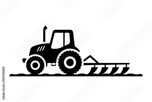 Farm tractor with plow in field icon. Black silhouette. Side view. Vector simple flat graphic illustration. Isolated object on white background. Isolate.